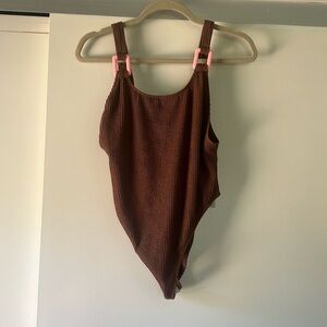 Aerie Crinkle Birthday Scoop Cheekiest One Piece Swimsuit NWT Brown Pink